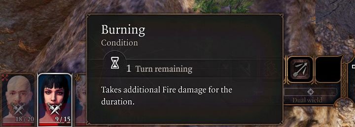 Statuses imposed on party members can provide positive bonuses to statistics (example in picture 1) or weaken them (example in picture 2) - Baldurs Gate 3: How to read character statuses? - Combat - Baldurs Gate 3 Guide, Walkthrough