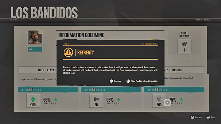If you see that you are doing poorly or want to limit the losses when choosing a specific option, you can end an operation prematurely by selecting withdraw - Far Cry 6: Los Bandidos Operations - Basics - Far Cry 6 Guide