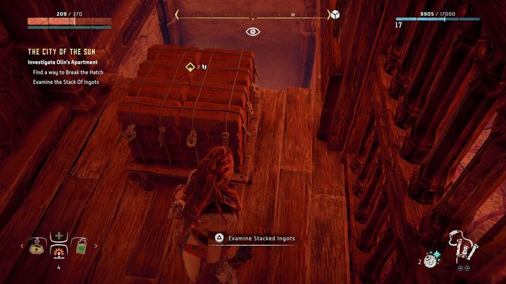 When you are in the house, use Focus and check the floor on the ground level - Horizon Zero Dawn: The City of The Sun walkthrough, tips - Main Missions | Walkthrough - Horizon Zero Dawn Guide, Walkthrough